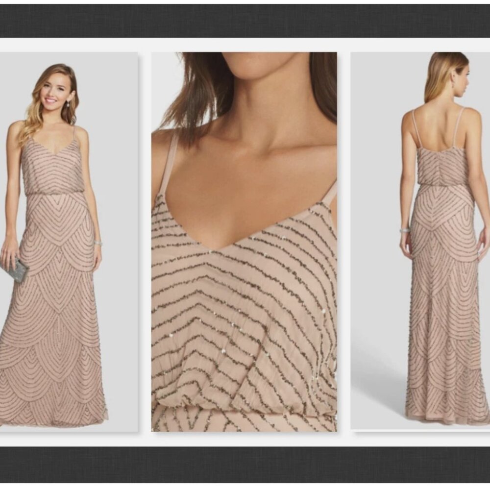 NWT Adrianna Papell Art Deco Beaded Blouson Gown in Taupe Pink Size 12